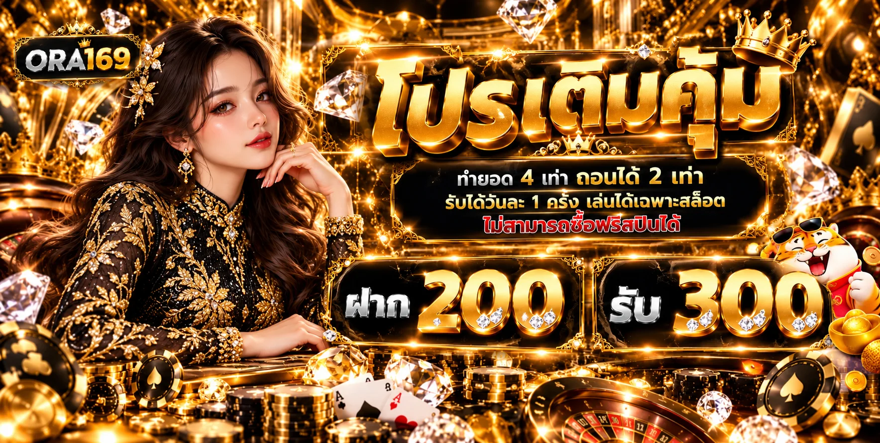 บาคาร่าออนไลน์ ORA169 โต๊ะคาสิโนโทนดำทองพร้อมมาสคอตเกม