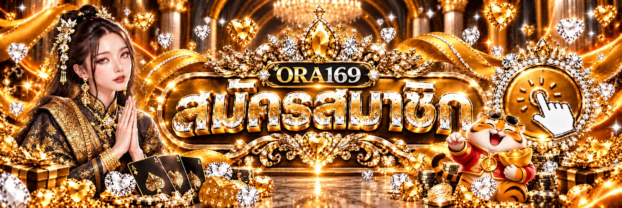 ทางเข้า ORA169 สมัครสมาชิกพร้อมมาสคอตเสือและไอคอนคลิก